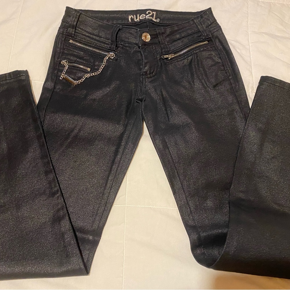 Rue21 Shiny Black Skinny Jeans with Chain Detail